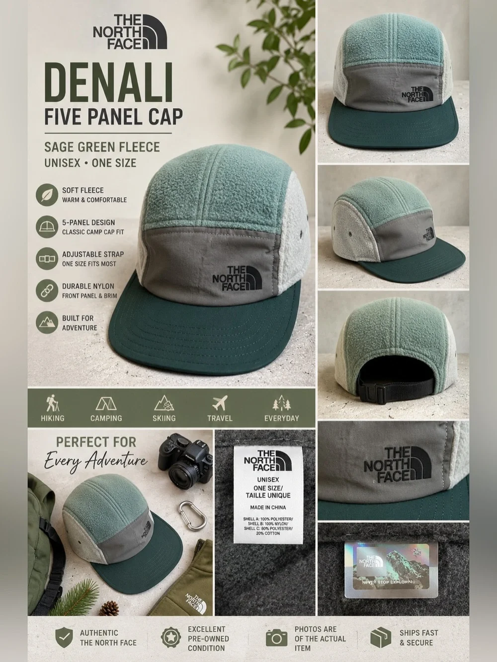 The North Face Denali Five Panel Camp Cap Sage Green Fleece Hat Unisex One Size